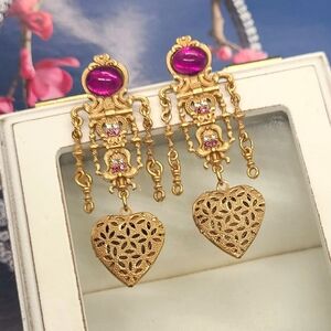 Vintage Estate Signed Multistone Dangle Heart Locket Gold Earrings